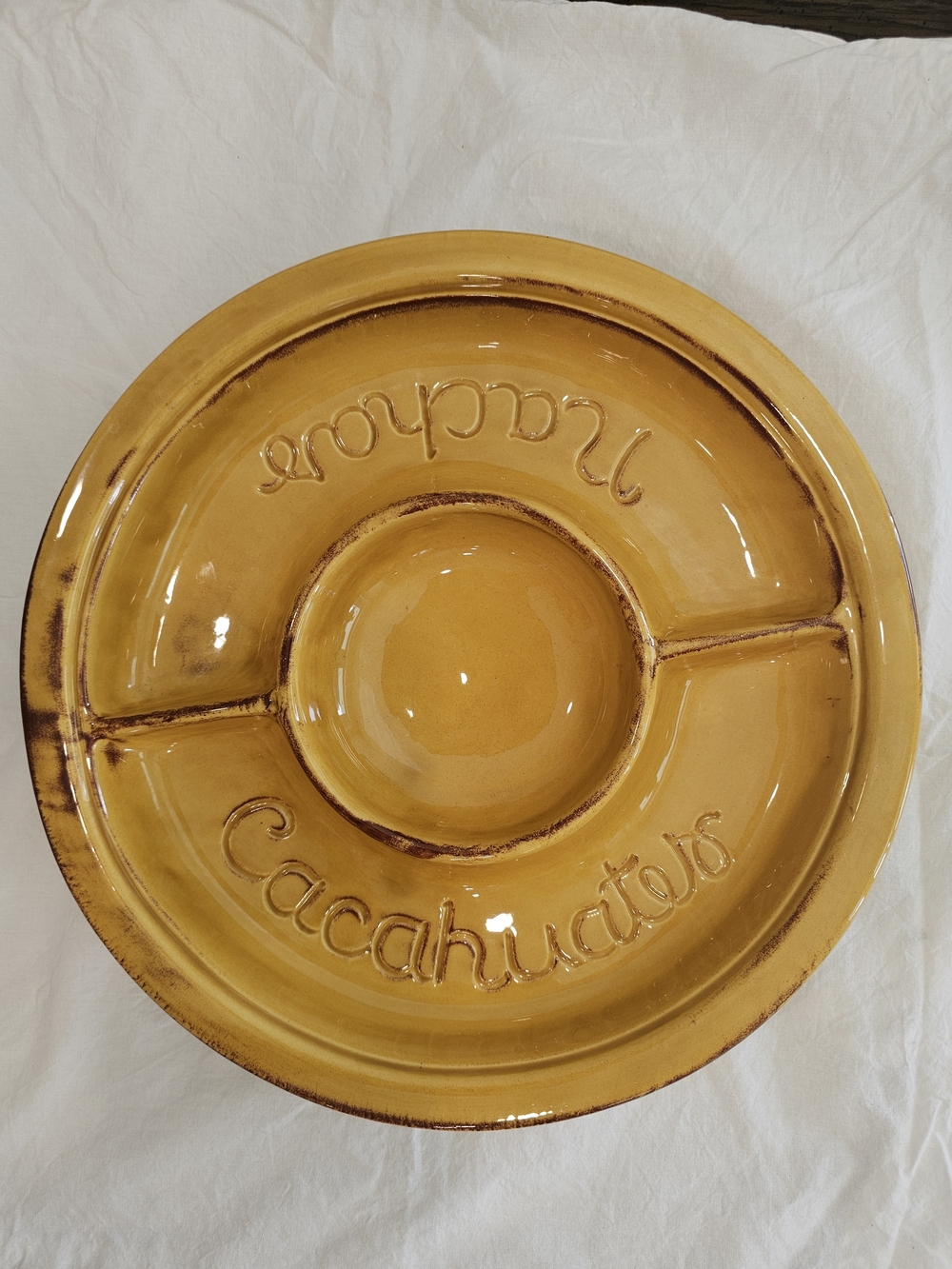 Vintage California Pottery Yellow Serving Plate, "Nachos/Cacahuates" (Peanuts)
